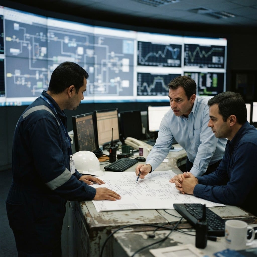 Asset leadership and engineers reviewing process diagrams in an oil and gas control room