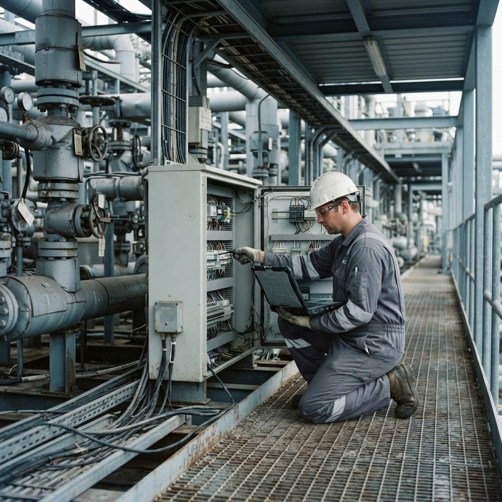 Krog engineer connecting instrumentation inside a control cabinet at a gas processing facility