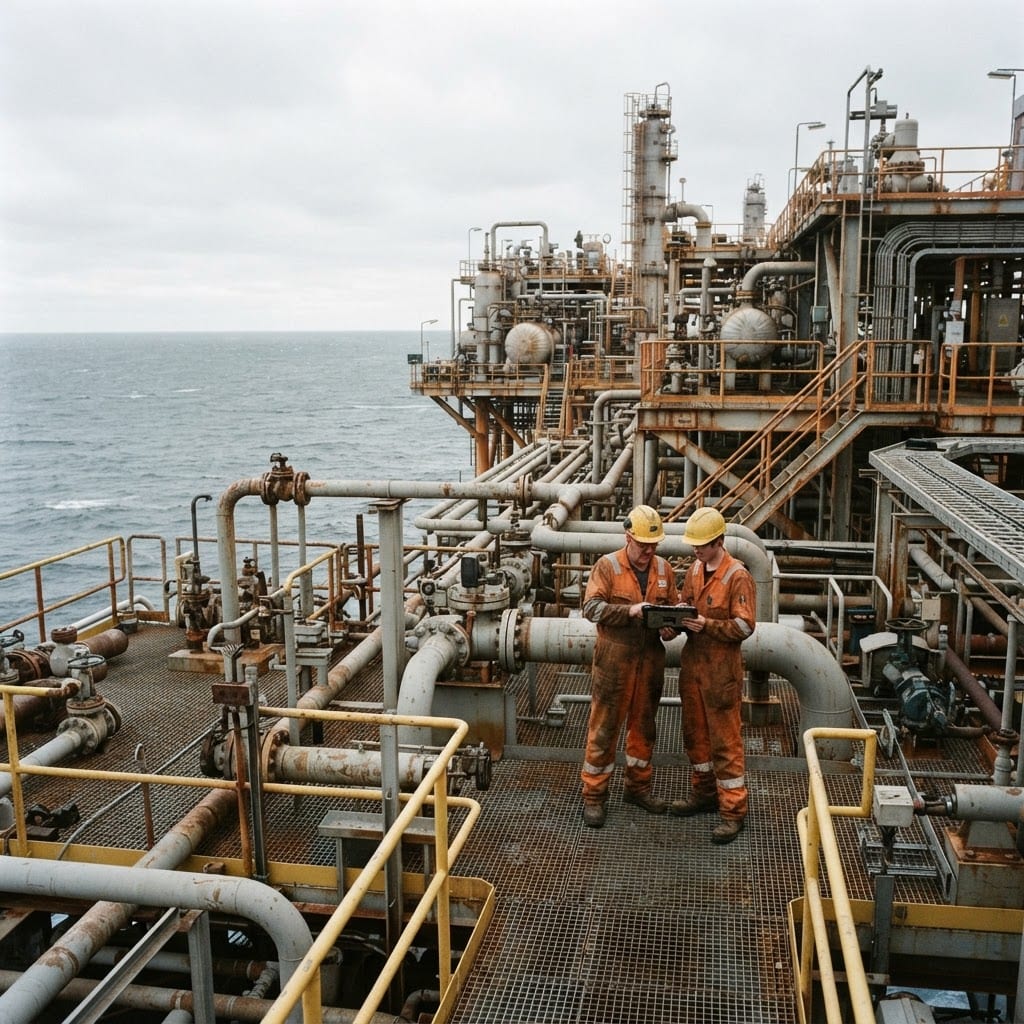 Technicians reviewing live production data on the deck of an offshore platform